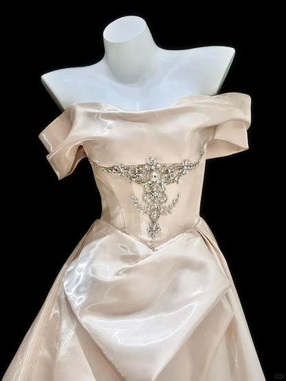 Gentle A Line Off the Shoulder Rhinestone Satin Long Prom Dress Evening Dress