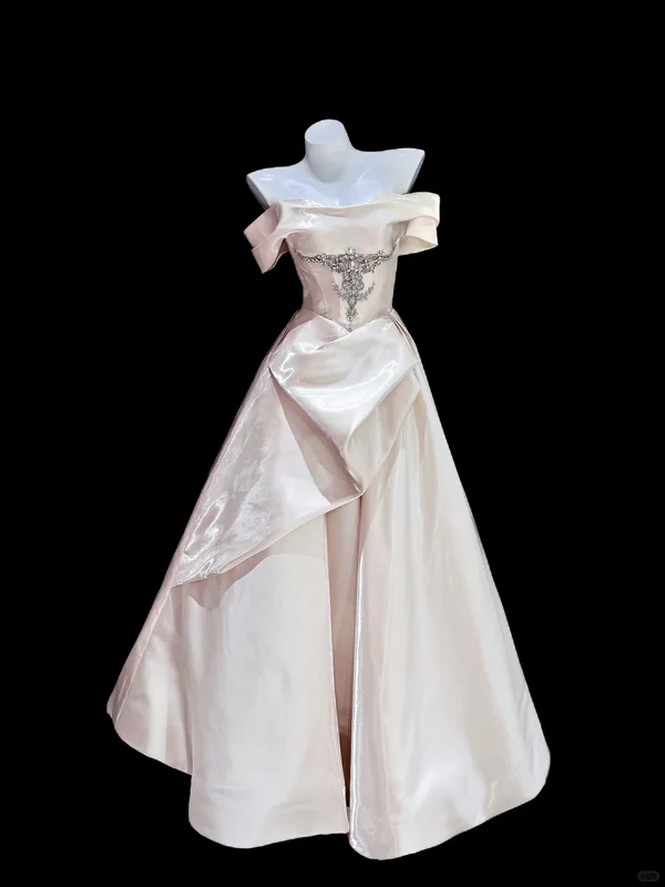 Gentle A Line Off the Shoulder Rhinestone Satin Long Prom Dress Evening Dress