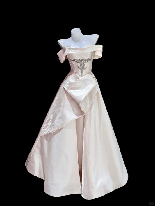 Gentle A Line Off the Shoulder Rhinestone Satin Long Prom Dress Evening Dress