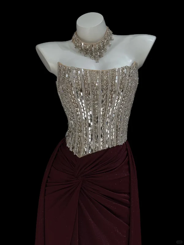 Gentle A Line Strapless Rhinestone Dark Burgundy Satin Long Prom Dress Evening Dress