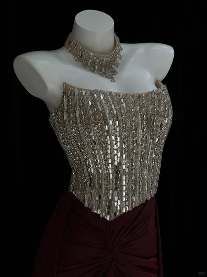 Gentle A Line Strapless Rhinestone Dark Burgundy Satin Long Prom Dress Evening Dress