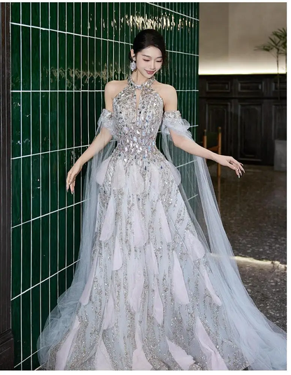 Glitter Evening Dresses Halter Party Dress High-end Shiny Prom Dress A-line Customized Birthday Party Dress