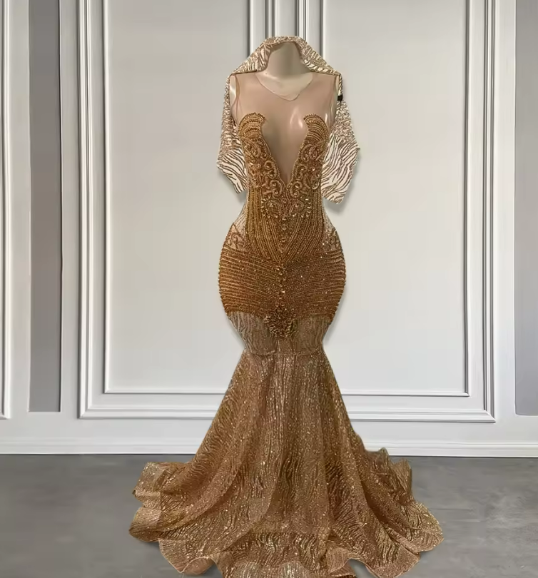Glitter Gold Crystals Mermaid Prom Gowns with Head Pieces Luxury 2025 Long Prom Dresses for Black Girls Sleeveless Customized