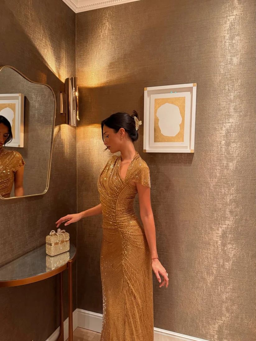 Glod Sleevless Mermaid Sequins Sparkle Prom Dress