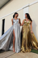 Glod V Neck Mirror-Cut A-Line Pleated Long Prom Dresses with Slit