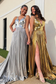 Glod V Neck Mirror-Cut A-Line Pleated Long Prom Dresses with Slit