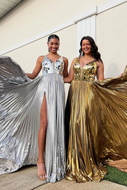 Glod V Neck Mirror-Cut A-Line Pleated Long Prom Dresses with Slit