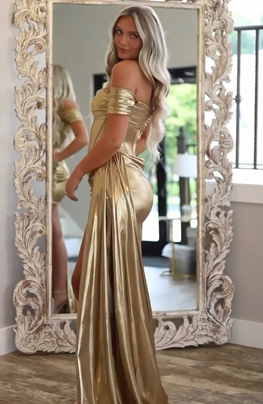 Gold Metallic Short Off The Shoulder Tight Corset Homecoming Dresses with Side Cape