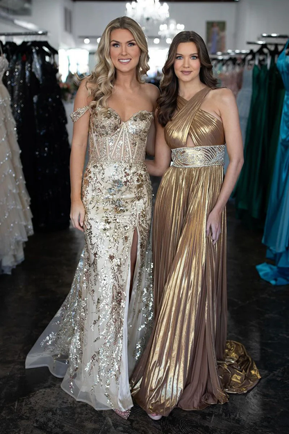 Gold Off the Shoulder Sequins Lace Mermaid Prom Dresses with Slit