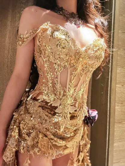 Golden A Line Straps Exquisite Sequin Short Homecoming Dress