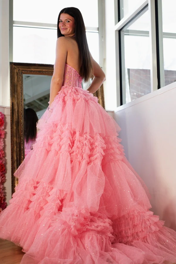 Gorgeous A-Line Low V Neck Halter Sleeveless Beaded Appliques Glitter Tulle Tiered Prom Party Dress Evening Formal Gown Birthday Dress