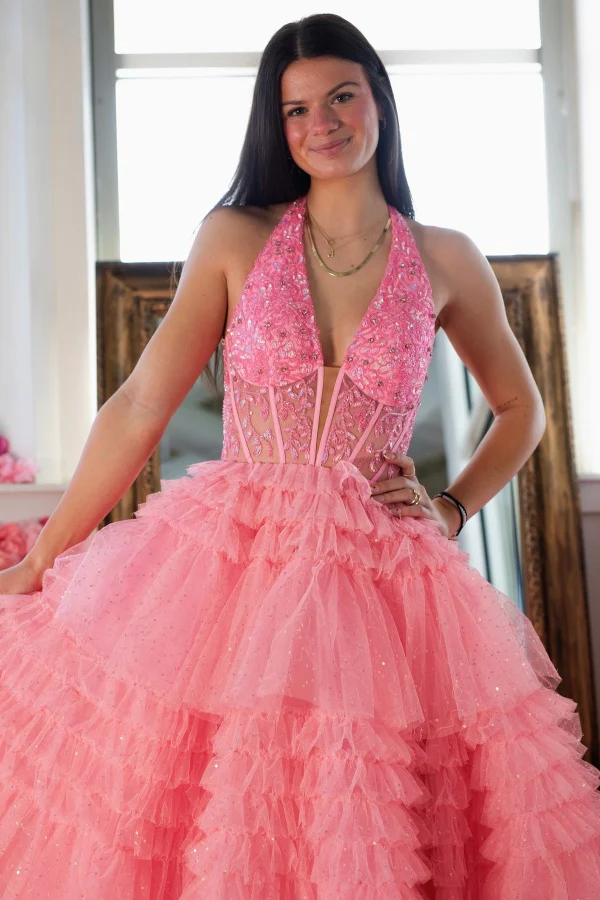 Gorgeous A-Line Low V Neck Halter Sleeveless Beaded Appliques Glitter Tulle Tiered Prom Party Dress Evening Formal Gown Birthday Dress
