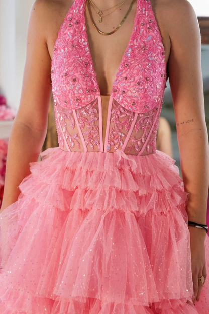 Gorgeous A-Line Low V Neck Halter Sleeveless Beaded Appliques Glitter Tulle Tiered Prom Party Dress Evening Formal Gown Birthday Dress
