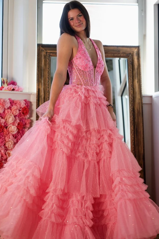 Gorgeous A-Line Low V Neck Halter Sleeveless Beaded Appliques Glitter Tulle Tiered Prom Party Dress Evening Formal Gown Birthday Dress