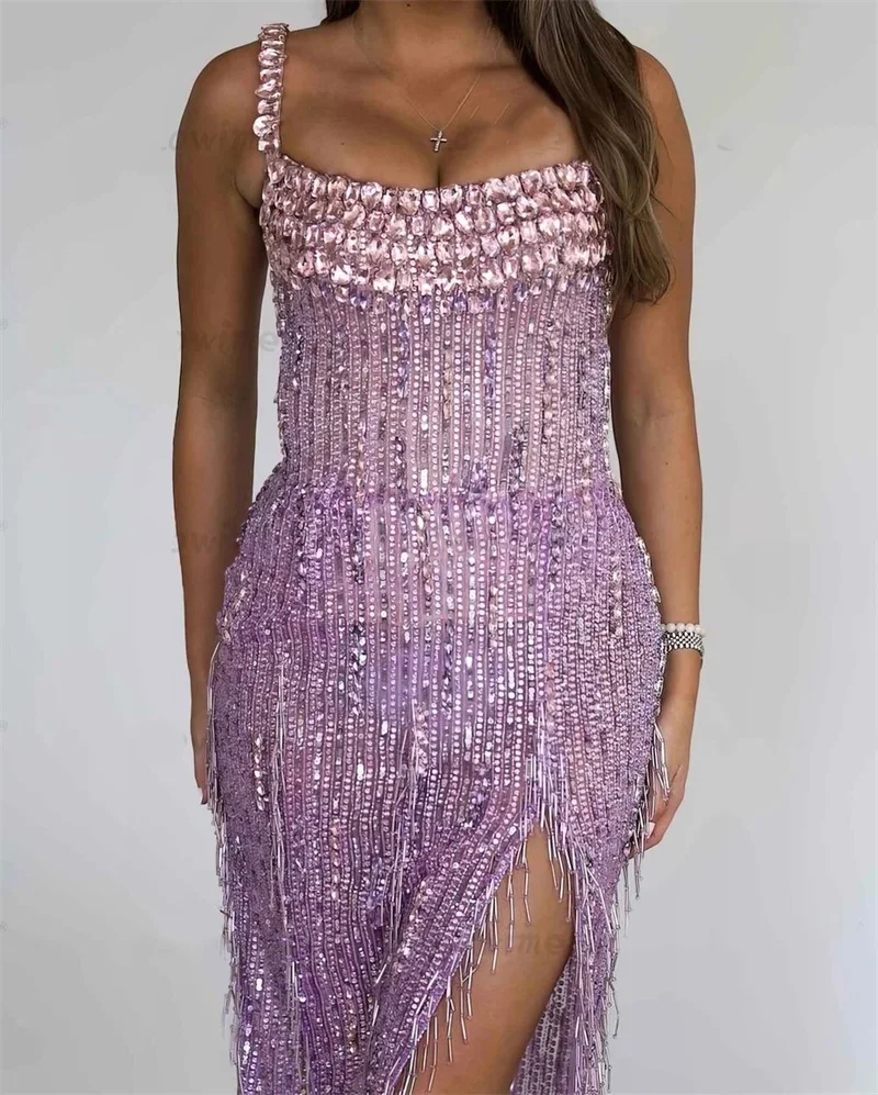 Gorgeous Evening Dresses For Women Square Neck Sleeveless Gown Split Side Crystal Sequins Tassel Dress Party Customized Dress