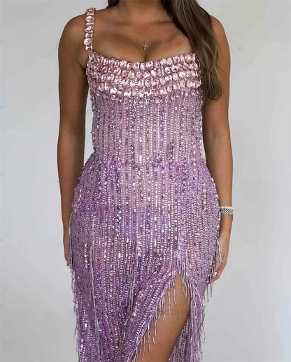 Gorgeous Evening Dresses For Women Square Neck Sleeveless Gown Split Side Crystal Sequins Tassel Dress Party Customized Dress