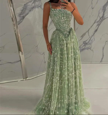 Gorgeous Green Tulle Beading Square Neck A-Line Long Prom Dresses Sweet 16 Evening Gowns