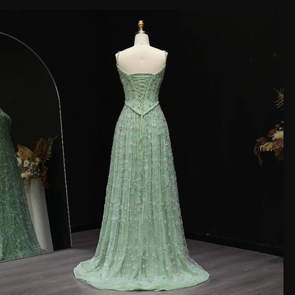 Gorgeous Green Tulle Beading Square Neck A-Line Long Prom Dresses Sweet 16 Evening Gowns