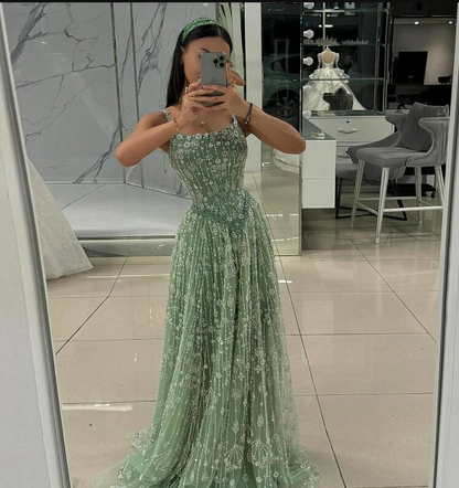 Gorgeous Green Tulle Beading Square Neck A-Line Long Prom Dresses Sweet 16 Evening Gowns