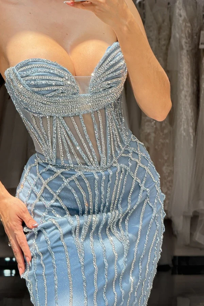 Gorgeous Mermaid Strapless Sleeveless Crystal Beaded Sparkly Tulle Prom Party Dress Evening Formal Gown with Train