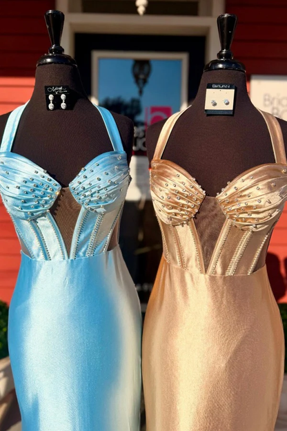 Gorgeous Mermaid Sweetheart Neck Halter Sleeveless Beaded Pleated Lace Up Prom Party Dress Evening Formal Gown with Train