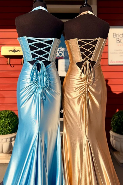 Gorgeous Mermaid Sweetheart Neck Halter Sleeveless Beaded Pleated Lace Up Prom Party Dress Evening Formal Gown with Train