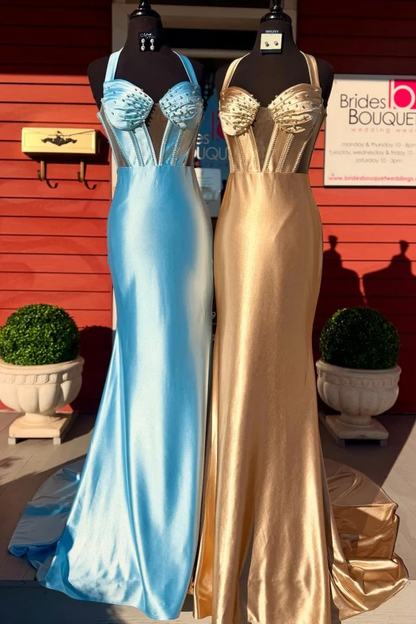 Gorgeous Mermaid Sweetheart Neck Halter Sleeveless Beaded Pleated Lace Up Prom Party Dress Evening Formal Gown with Train