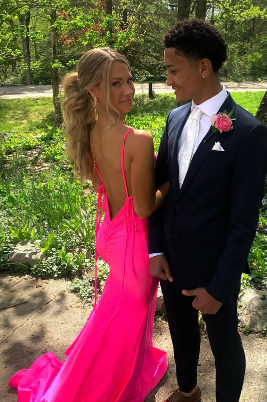 Gorgeous Mermaid V Neck Pink Satin Prom Dress with Slit