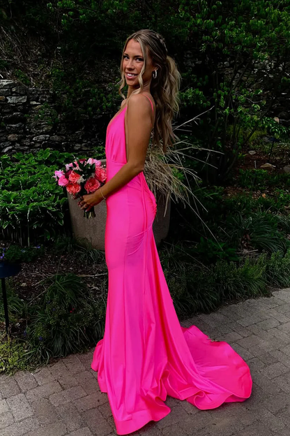 Gorgeous Mermaid V Neck Pink Satin Prom Dress with Slit