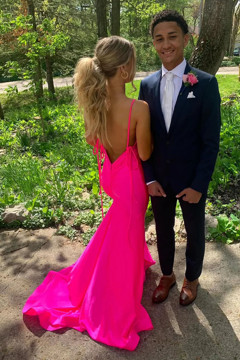 Gorgeous Mermaid V Neck Pink Satin Prom Dress with Slit