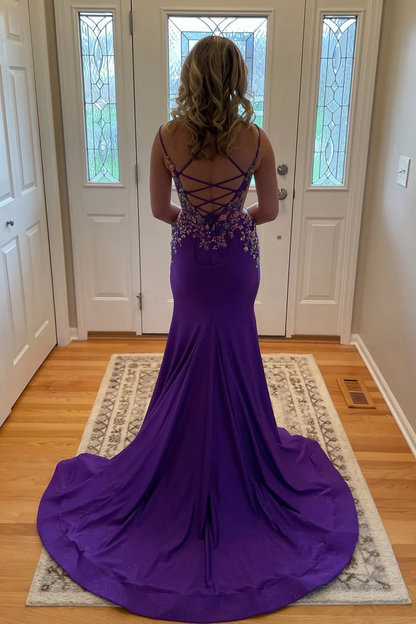 Gorgeous Mermaid V Neck Purple Satin Prom Gown with Appliques