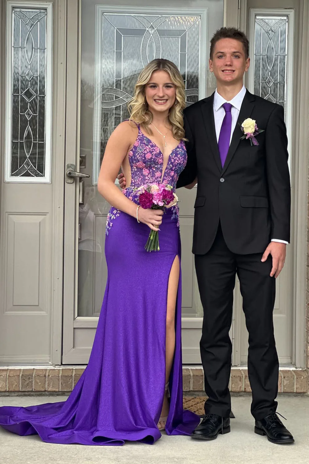 Gorgeous Mermaid V Neck Purple Satin Prom Gown with Appliques