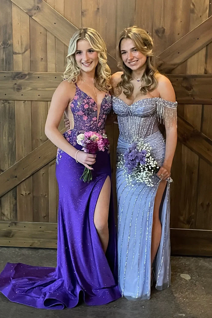 Gorgeous Mermaid V Neck Purple Satin Prom Gown with Appliques