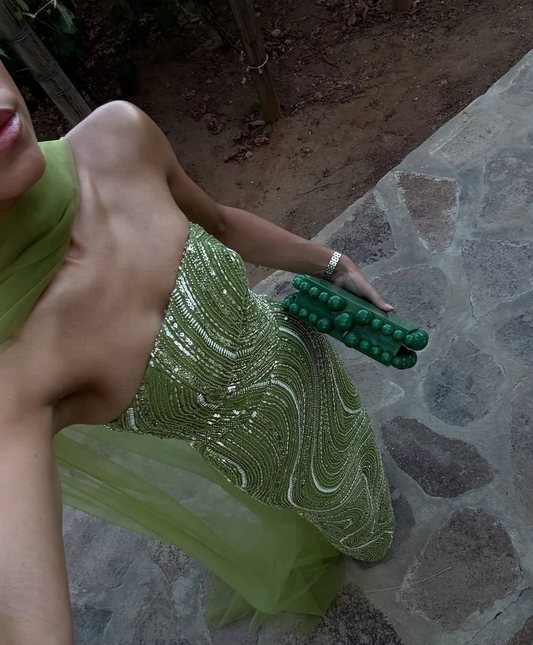 Gorgeous Strapless Apple Green Sequin Long Prom Dress Party Gown With Ribbon