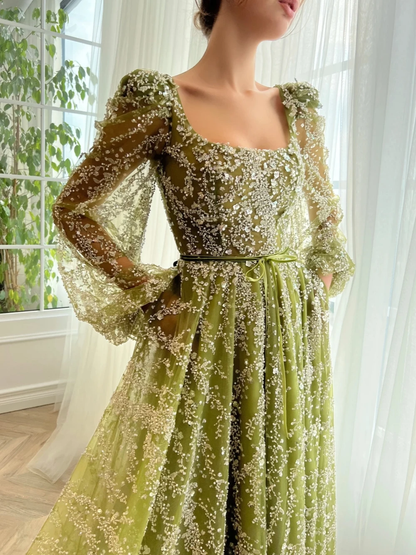 Green Square Neck Glitter Evening Dress Modern Pearls Formal Party Customized Cocktail Gown Charming Lace A Line Prom Dress