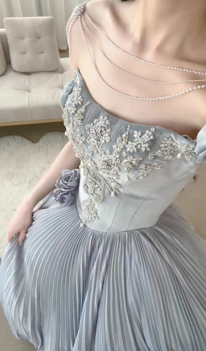 Grey A Line Off the Shoulder Exquisite Beaded Velvet Satin Long Prom Dress