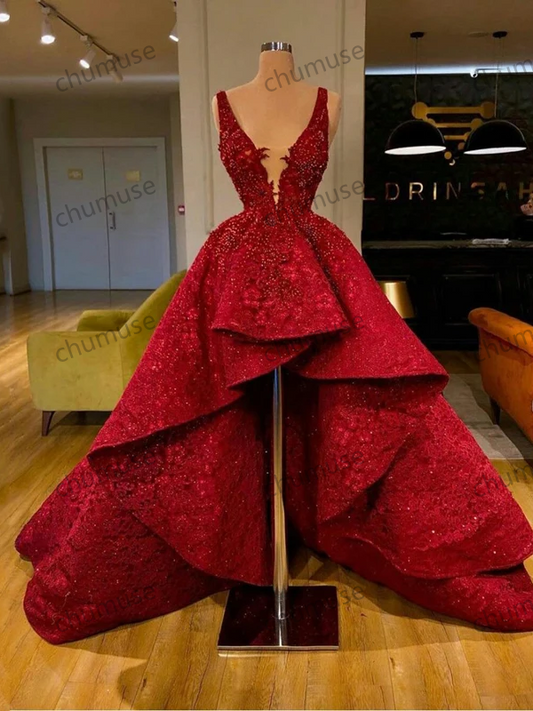 High Low Red Prom Dresses Ruffle Train Lace Sequined Deep V Neck Celebrity Dress