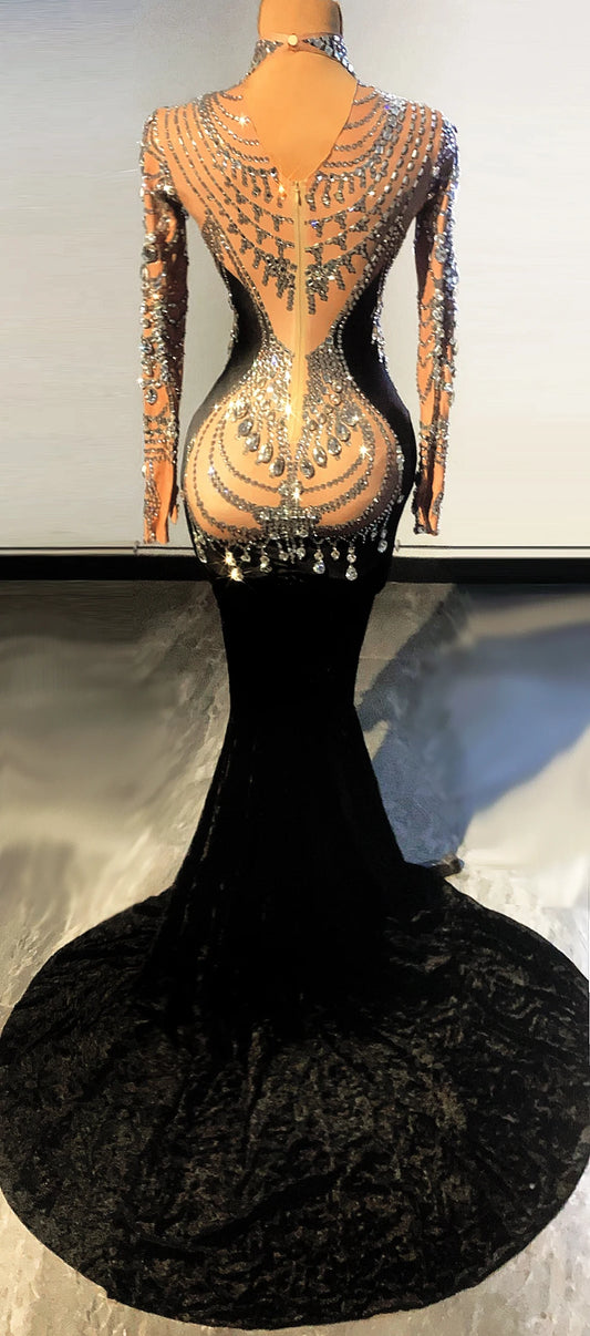 Vestido largo de noche sexy para mujer, elegante vestido de sirena de terciopelo con diamantes de imitación para fiesta de boda, vestido de graduación con cola de cristal, disfraces de escenario