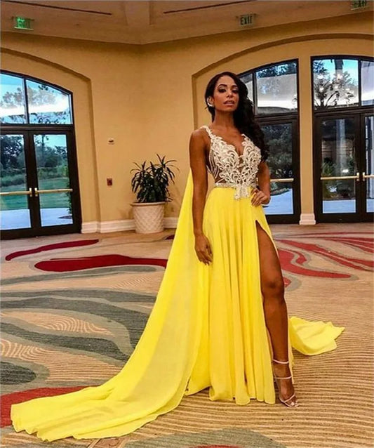 Bright Yellow Summer Evening Dresses With Wrap Appliqued Lace Beads Sleeveless Formal Prom Dress Custom Made Sexy Illusion