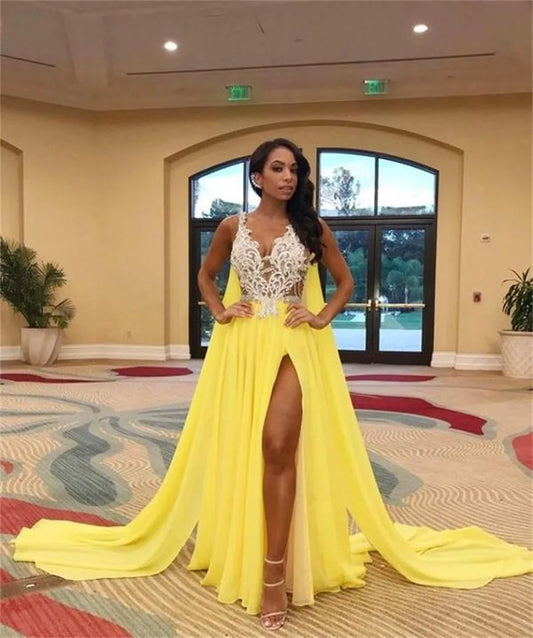 Bright Yellow Summer Evening Dresses With Wrap Appliqued Lace Beads Sleeveless Formal Prom Dress Custom Made Sexy Illusion