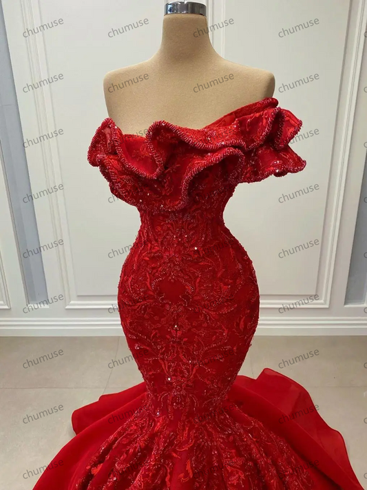 Vestido de noite sereia sexy de um ombro só, renda com contas, vintage, baile de formatura, festa formal, vermelho, personalizado