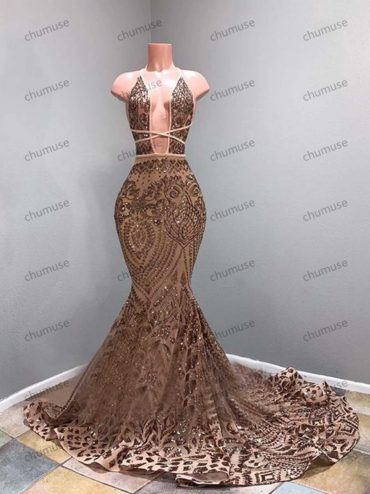 Sexy Mermaid Halter Rose Gold Sequin African Black Girls Floor Length Party Prom Gowns