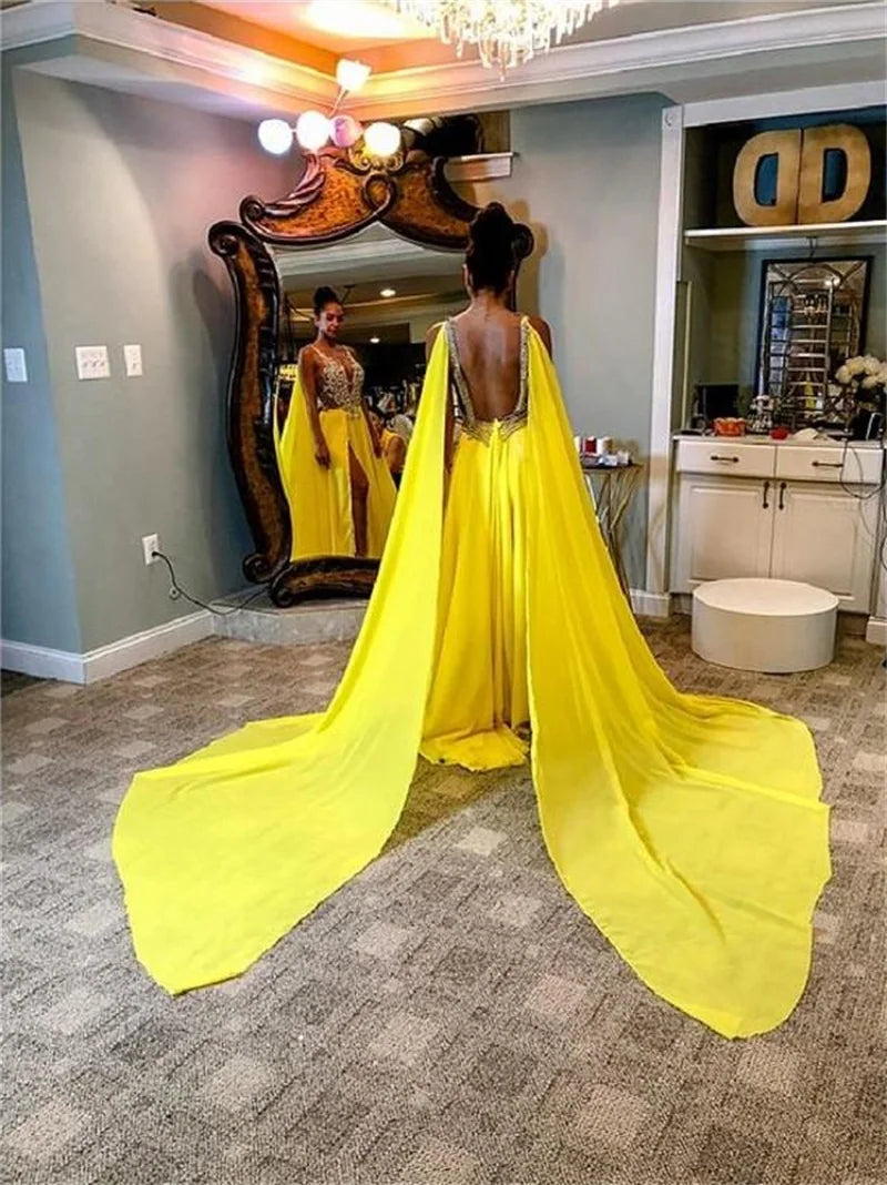 Bright Yellow Summer Evening Dresses With Wrap Appliqued Lace Beads Sleeveless Formal Prom Dress Custom Made Sexy Illusion