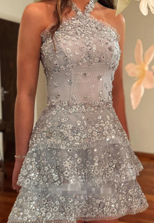 Halter Sleeveless Beaded Sparkly A-Line Short Homecoming Dress