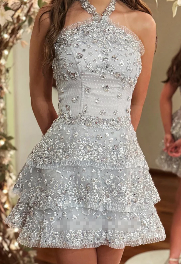 Halter Sleeveless Beaded Sparkly A-Line Short Homecoming Dress