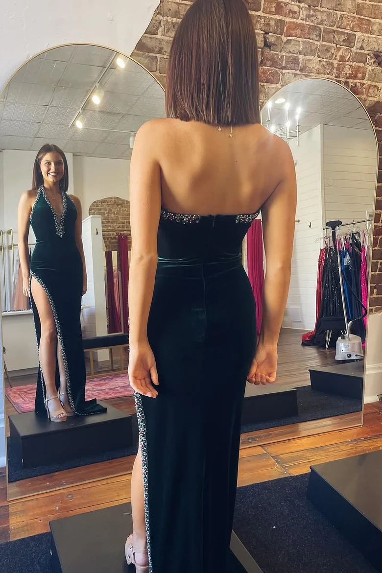 Halter V-Neck Beaded Sleeveless Mermaid Formal Prom Dress with Slit