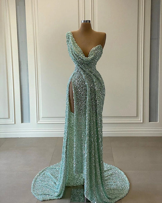 Glitter Arabic Evening Dressing Gowns See Thru Beaded Long Side Split Sexy Women Pageant Prom Party Dresses One Shoulder