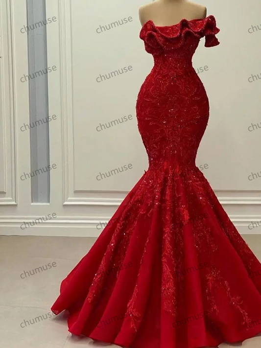 Vestido de noite sereia sexy de um ombro só, renda com contas, vintage, baile de formatura, festa formal, vermelho, personalizado
