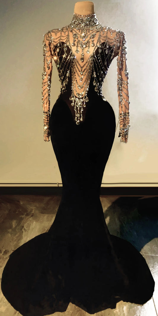 Vestido largo de noche sexy para mujer, elegante vestido de sirena de terciopelo con diamantes de imitación para fiesta de boda, vestido de graduación con cola de cristal, disfraces de escenario