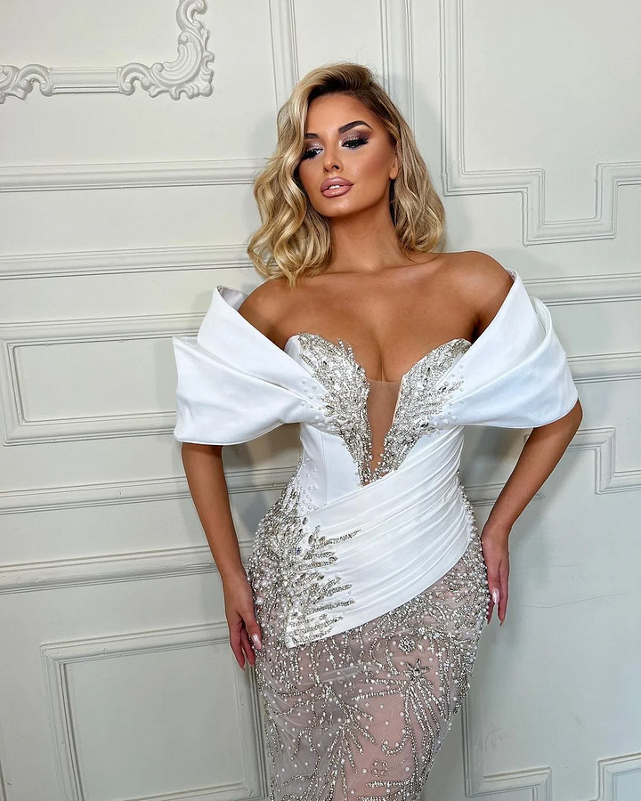 Heavy White Prom Dress Wedding Dress Sleeveless Tulle